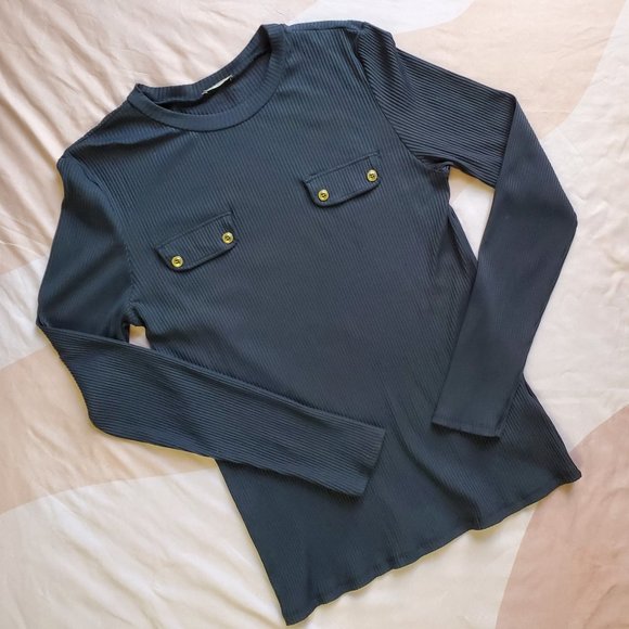 Zara Tops - Zara Collection Ribbed Black Long Sleeve Shirt with Gold Buttons XXL